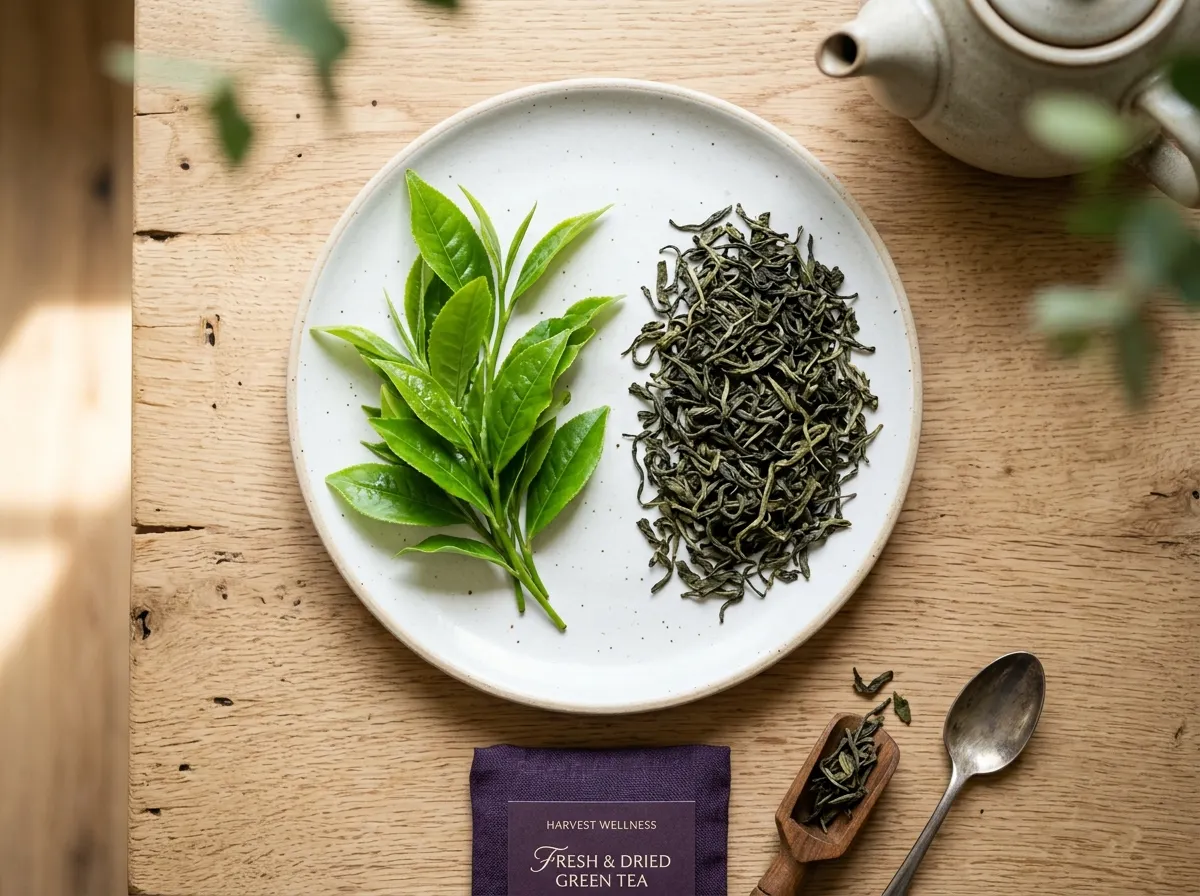 Fresh green tea leaves - green tea extract wellness supplement